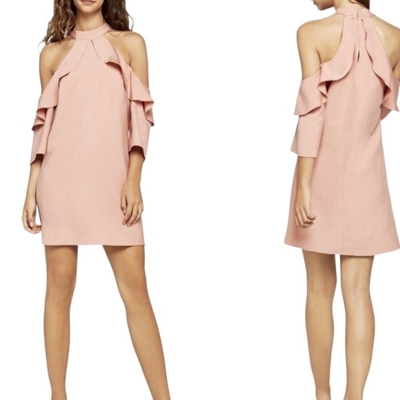 BCBGeneration Peach Mock Neck Cold shoulder Ruffle Halter‎ Dress Size Large - Picture 1 of 10